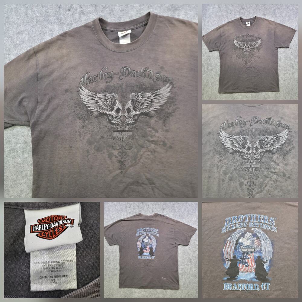 VTG Y2K Harley Davidson Motorcycles Shirt Mens XL Brown Skull Wings Branford CT